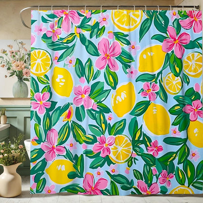 Lemon Floral Shower Curtain, Bright Yellow Peach Flower Bath Curtain for Bathroom Decor, Spring Summer Tropical Modern Waterproof Fabric Shower Curtain Set with Hooks 62x72 Inch