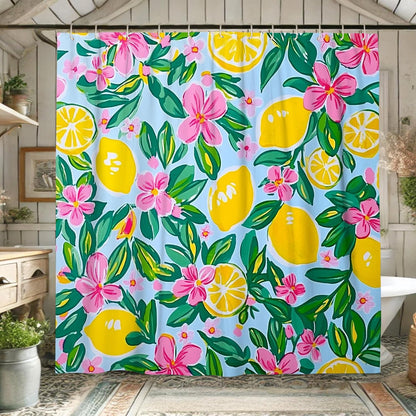 Lemon Floral Shower Curtain, Bright Yellow Peach Flower Bath Curtain for Bathroom Decor, Spring Summer Tropical Modern Waterproof Fabric Shower Curtain Set with Hooks 62x72 Inch