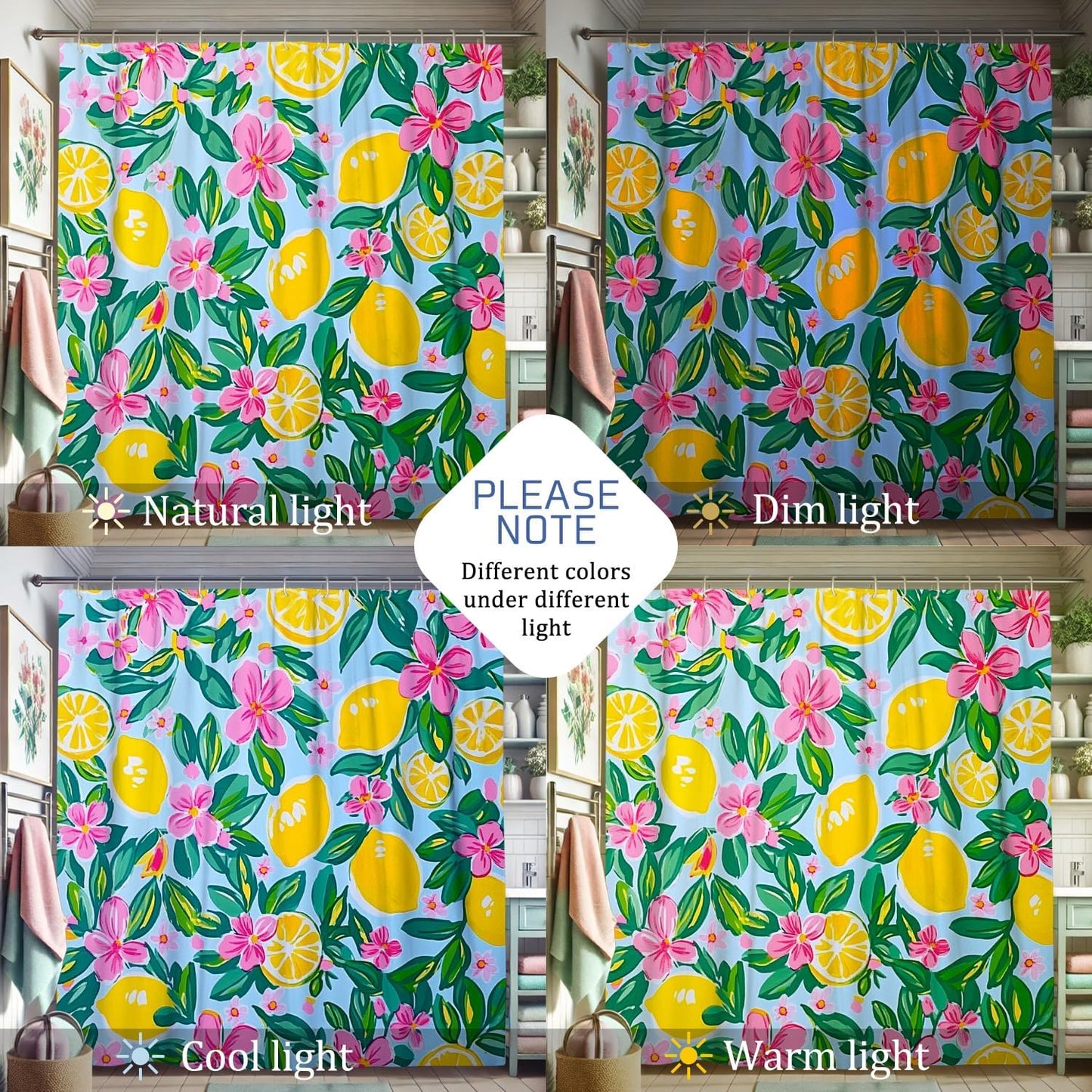 Lemon Floral Shower Curtain, Bright Yellow Peach Flower Bath Curtain for Bathroom Decor, Spring Summer Tropical Modern Waterproof Fabric Shower Curtain Set with Hooks 62x72 Inch