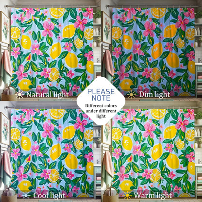 Lemon Floral Shower Curtain, Bright Yellow Peach Flower Bath Curtain for Bathroom Decor, Spring Summer Tropical Modern Waterproof Fabric Shower Curtain Set with Hooks 62x72 Inch