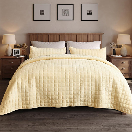 Double-Sided Velvet Queen Size Quilt Comforter Set, Reversible 92''x96'' Oversized Luxury Ultra Soft Bedspread with 2 Matching Shams, All-Season Bedding, Cream Yellow