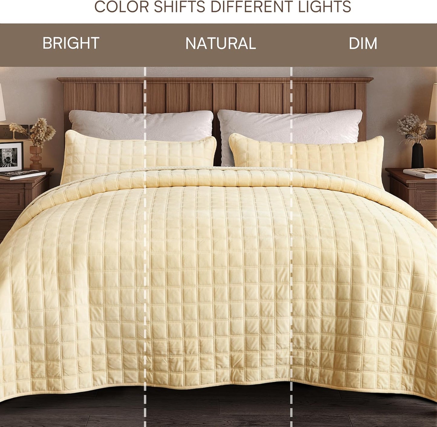 Double-Sided Velvet Queen Size Quilt Comforter Set, Reversible 92''x96'' Oversized Luxury Ultra Soft Bedspread with 2 Matching Shams, All-Season Bedding, Cream Yellow