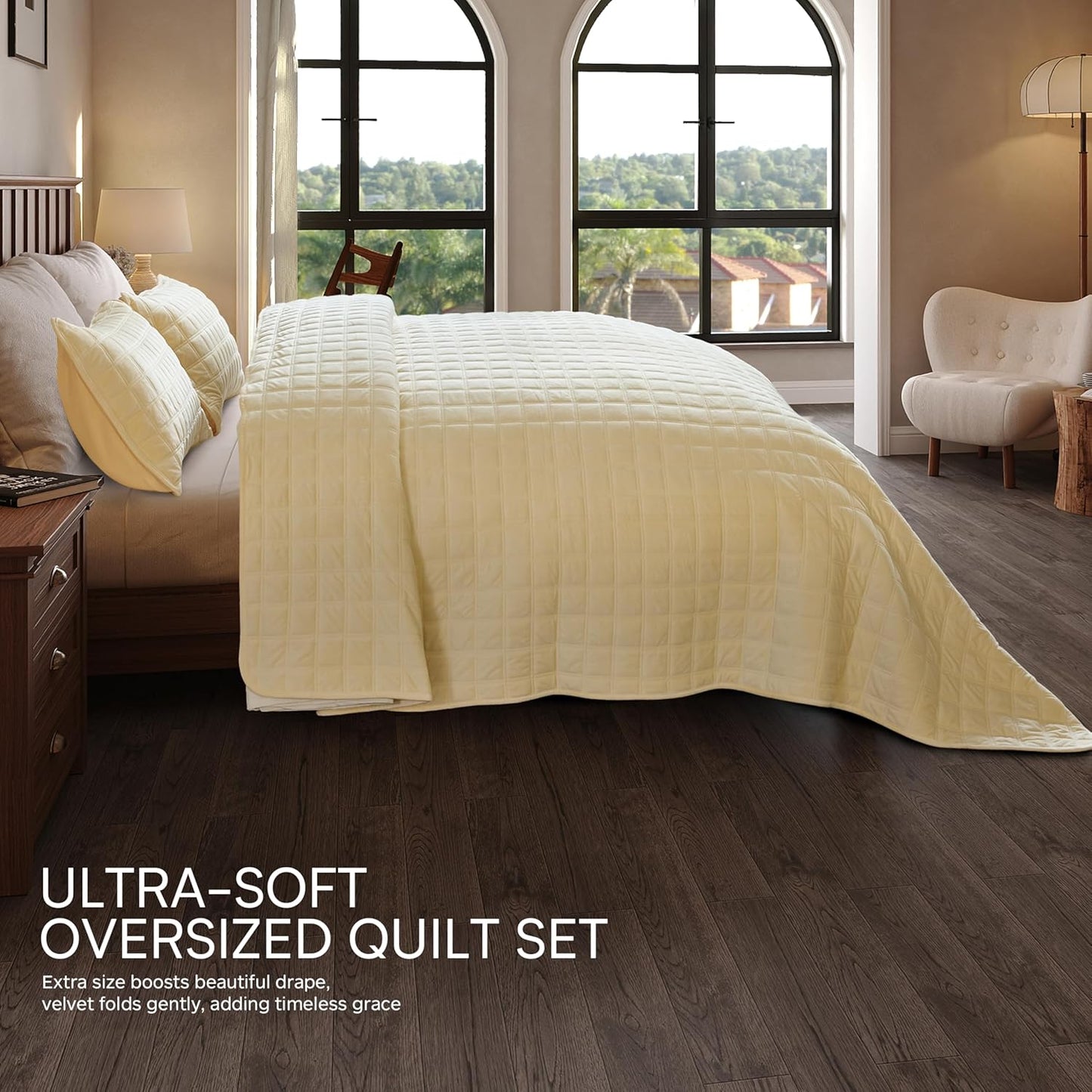 Double-Sided Velvet Queen Size Quilt Comforter Set, Reversible 92''x96'' Oversized Luxury Ultra Soft Bedspread with 2 Matching Shams, All-Season Bedding, Cream Yellow