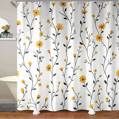 Yellow Daisy Shower Curtain for Bathroom, Floral Botanical Fabric Shower Curtain 72x72 with 12 Stainless Steel Hooks, Spring Flower Bath Curtain Decor