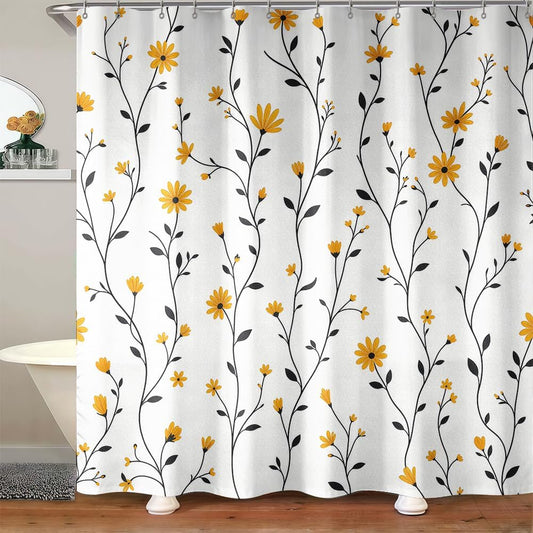 Yellow Daisy Shower Curtain for Bathroom, Floral Botanical Fabric Shower Curtain 72x72 with 12 Stainless Steel Hooks, Spring Flower Bath Curtain Decor