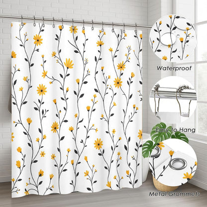 Yellow Daisy Shower Curtain for Bathroom, Floral Botanical Fabric Shower Curtain 72x72 with 12 Stainless Steel Hooks, Spring Flower Bath Curtain Decor
