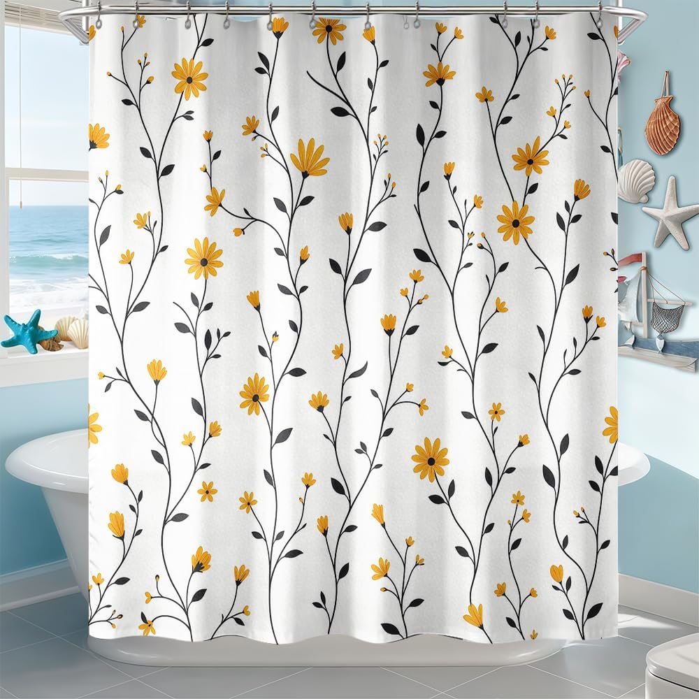 Yellow Daisy Shower Curtain for Bathroom, Floral Botanical Fabric Shower Curtain 72x72 with 12 Stainless Steel Hooks, Spring Flower Bath Curtain Decor