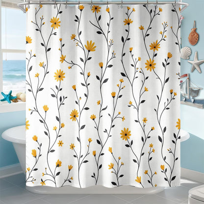 Yellow Daisy Shower Curtain for Bathroom, Floral Botanical Fabric Shower Curtain 72x72 with 12 Stainless Steel Hooks, Spring Flower Bath Curtain Decor