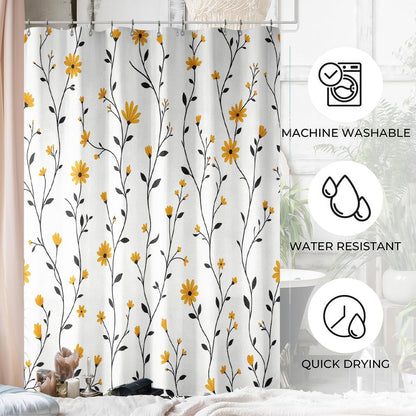 Yellow Daisy Shower Curtain for Bathroom, Floral Botanical Fabric Shower Curtain 72x72 with 12 Stainless Steel Hooks, Spring Flower Bath Curtain Decor
