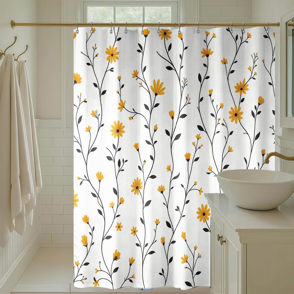 Yellow Daisy Shower Curtain for Bathroom, Floral Botanical Fabric Shower Curtain 72x72 with 12 Stainless Steel Hooks, Spring Flower Bath Curtain Decor