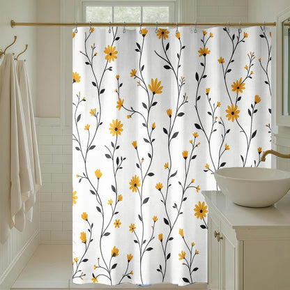 Yellow Daisy Shower Curtain for Bathroom, Floral Botanical Fabric Shower Curtain 72x72 with 12 Stainless Steel Hooks, Spring Flower Bath Curtain Decor
