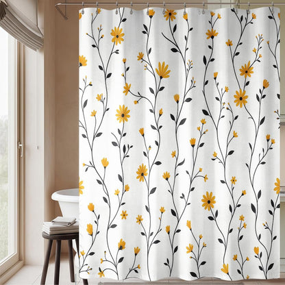 Yellow Daisy Shower Curtain for Bathroom, Floral Botanical Fabric Shower Curtain 72x72 with 12 Stainless Steel Hooks, Spring Flower Bath Curtain Decor