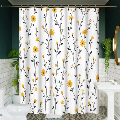 Yellow Daisy Shower Curtain for Bathroom, Floral Botanical Fabric Shower Curtain 72x72 with 12 Stainless Steel Hooks, Spring Flower Bath Curtain Decor