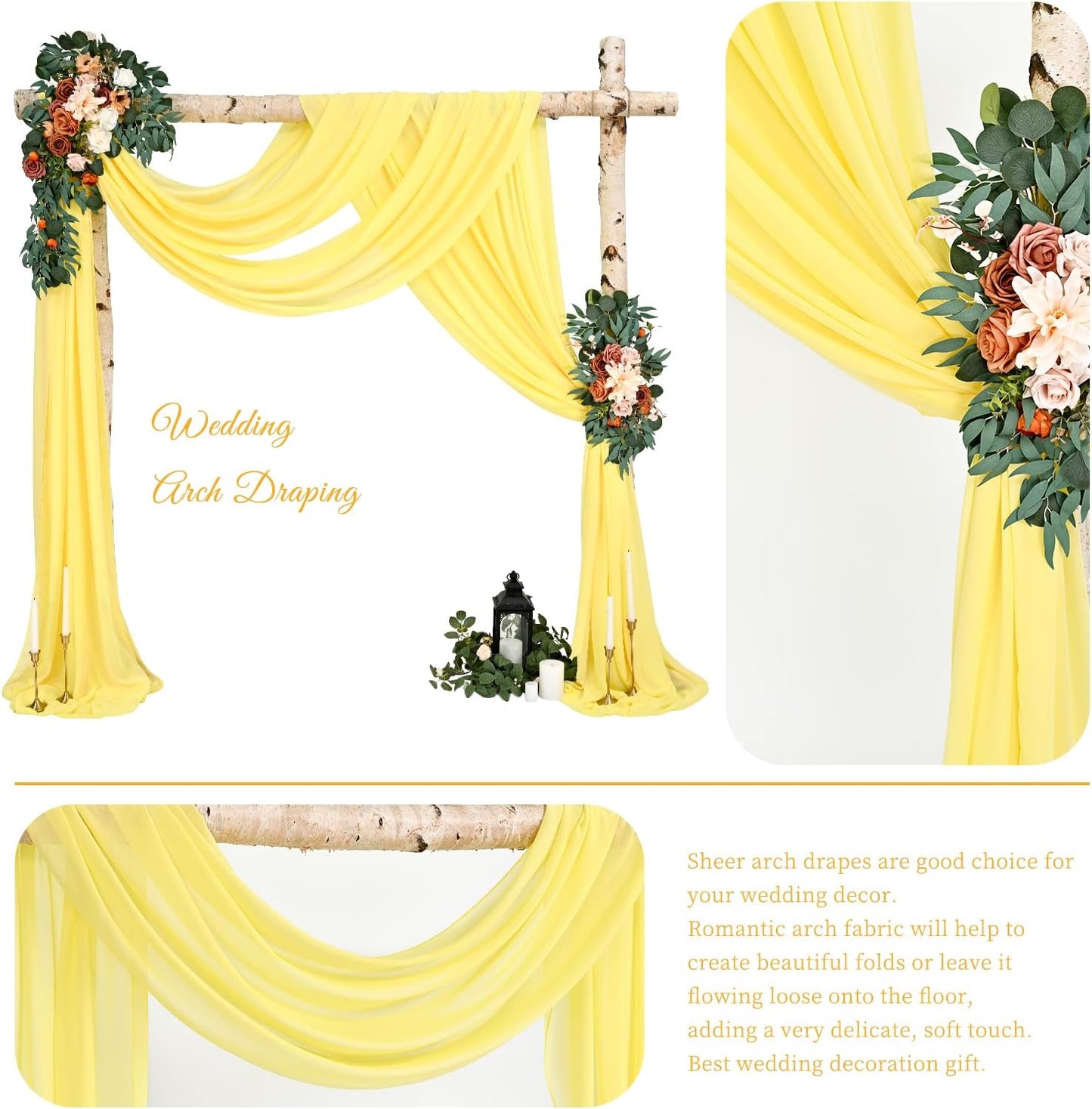 Wedding Arch Draping Fabric,4 Panels 28" x20ft Yellow Wedding Arch Drapes for Ceremony Chiffon Fabric Drapes Arbor Drapery Wedding Arch Decorations for Reception Sheer Backdrop Curtains for Party