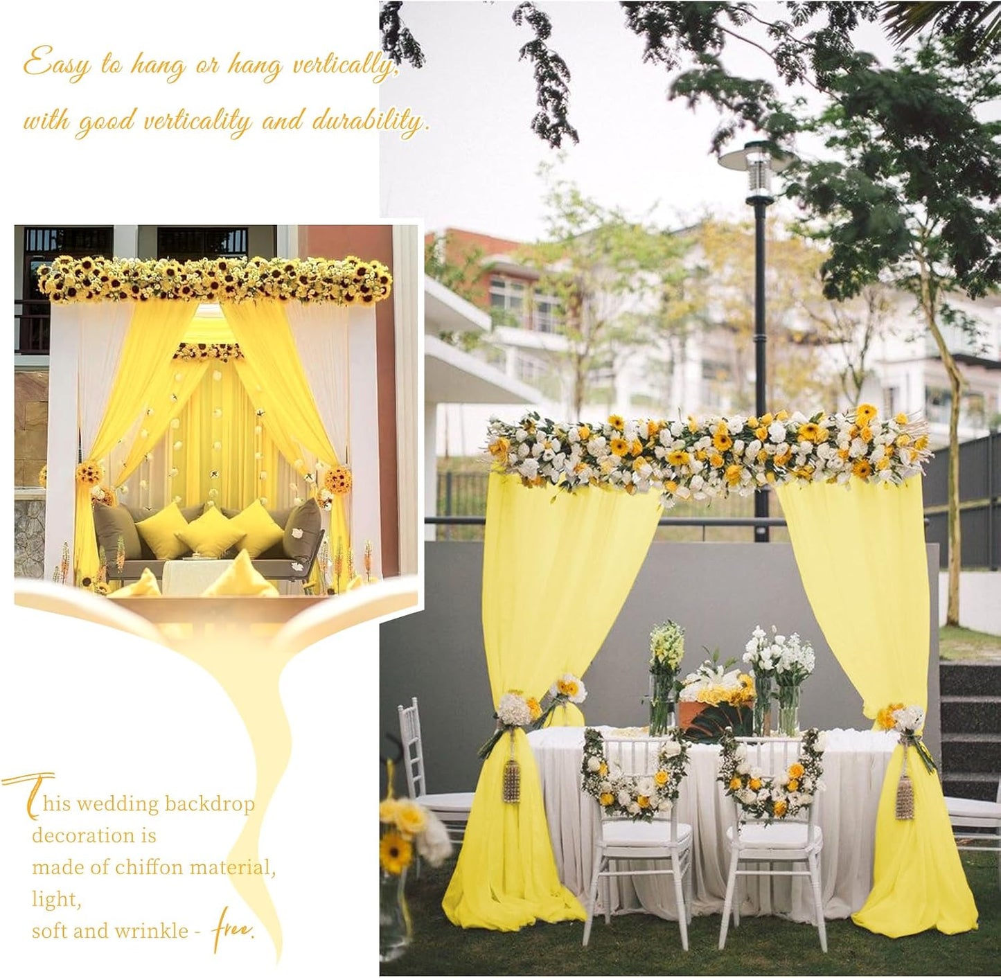 Wedding Arch Draping Fabric,4 Panels 28" x20ft Yellow Wedding Arch Drapes for Ceremony Chiffon Fabric Drapes Arbor Drapery Wedding Arch Decorations for Reception Sheer Backdrop Curtains for Party