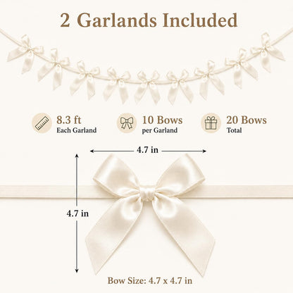 2 Pack Bow Garland Banner, 8.3 ft Pre-Strung Satin Ribbon Bow Decorations for Birthday Party, Baby Shower, Bridal Shower, Bachelorette, Wedding, Coquette Party Decor, Yellow