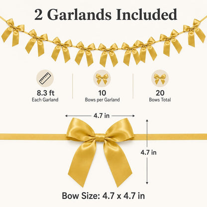 2 Pack Bow Garland Banner, 8.3 ft Pre-Strung Satin Ribbon Bow Decorations for Birthday Party, Baby Shower, Bridal Shower, Bachelorette, Wedding, Coquette Party Decor, Yellow