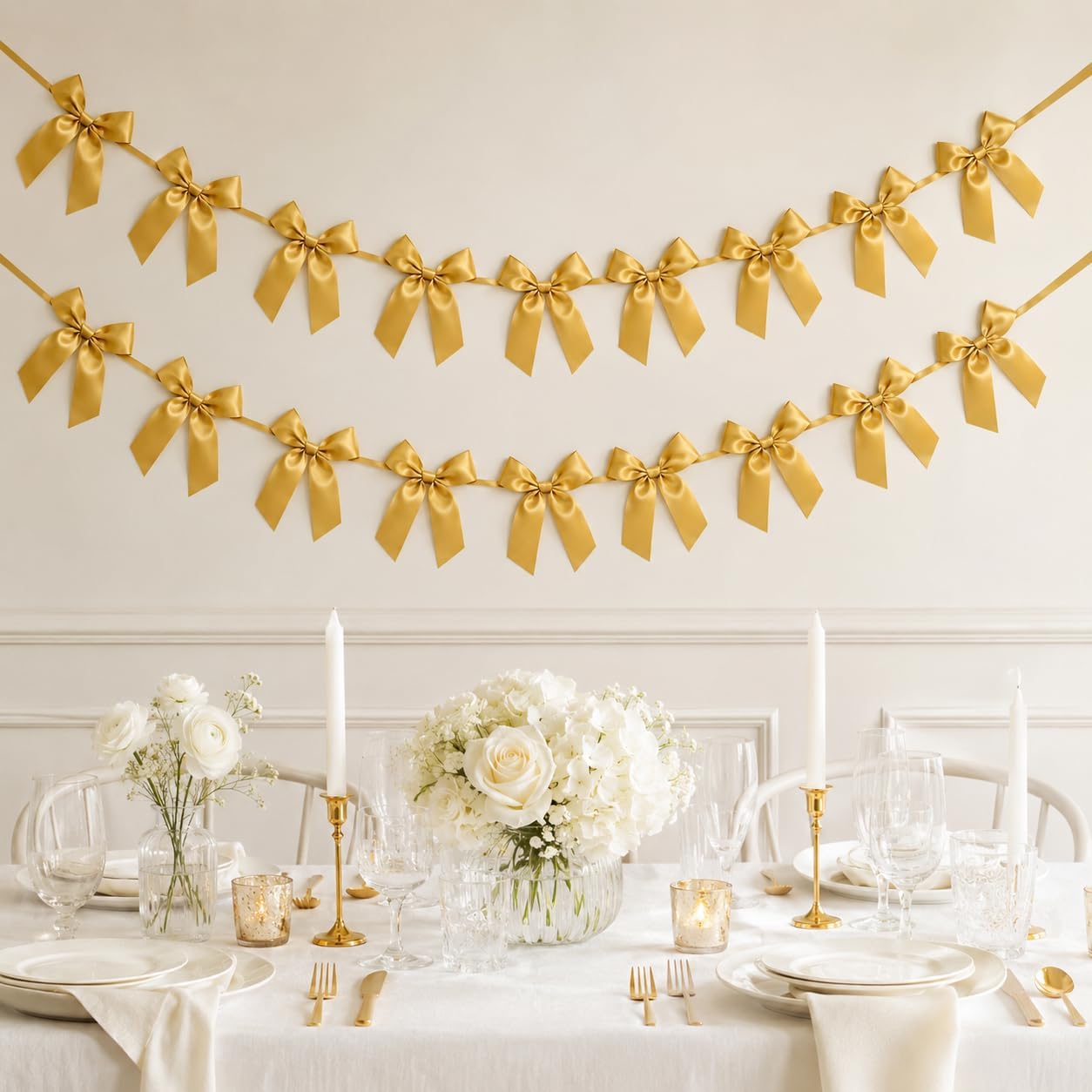 2 Pack Bow Garland Banner, 8.3 ft Pre-Strung Satin Ribbon Bow Decorations for Birthday Party, Baby Shower, Bridal Shower, Bachelorette, Wedding, Coquette Party Decor, Yellow