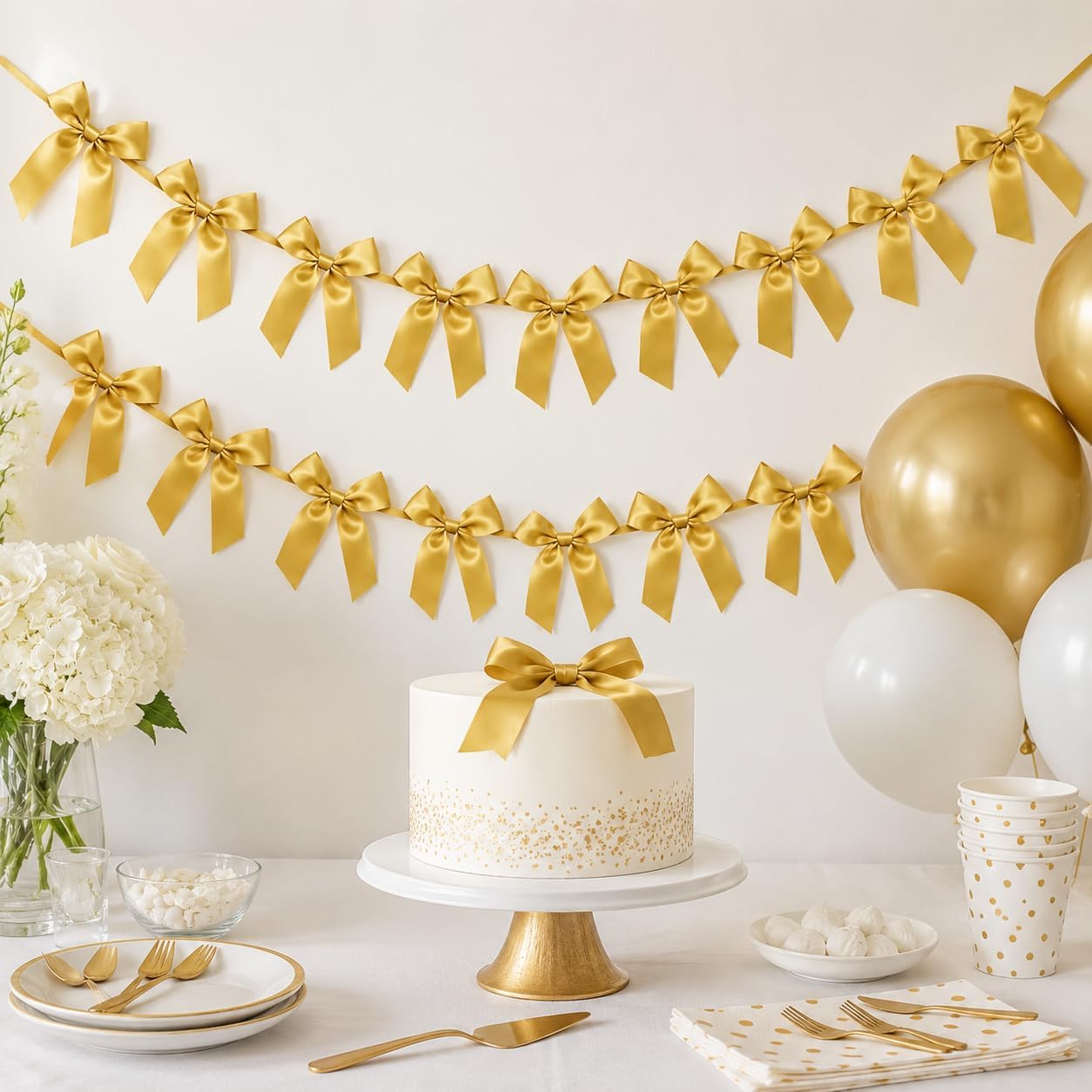 2 Pack Bow Garland Banner, 8.3 ft Pre-Strung Satin Ribbon Bow Decorations for Birthday Party, Baby Shower, Bridal Shower, Bachelorette, Wedding, Coquette Party Decor, Yellow