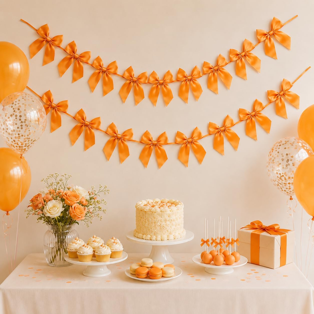 2 Pack Bow Garland Banner, 8.3 ft Pre-Strung Satin Ribbon Bow Decorations for Birthday Party, Baby Shower, Bridal Shower, Bachelorette, Wedding, Coquette Party Decor, Yellow