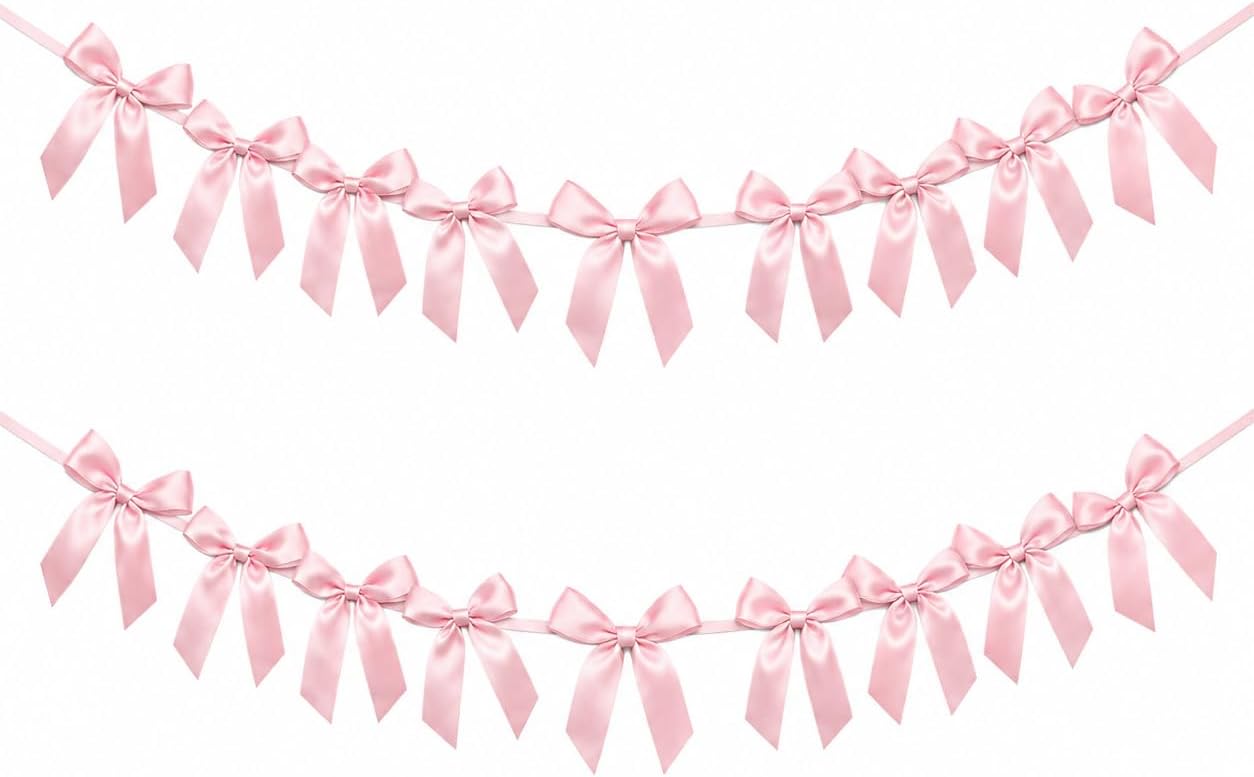 2 Pack Bow Garland Banner, 8.3 ft Pre-Strung Satin Ribbon Bow Decorations for Birthday Party, Baby Shower, Bridal Shower, Bachelorette, Wedding, Coquette Party Decor, Yellow