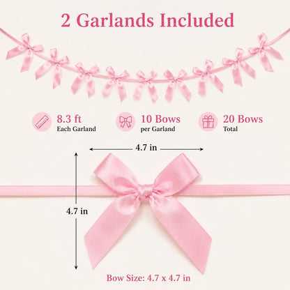 2 Pack Bow Garland Banner, 8.3 ft Pre-Strung Satin Ribbon Bow Decorations for Birthday Party, Baby Shower, Bridal Shower, Bachelorette, Wedding, Coquette Party Decor, Yellow