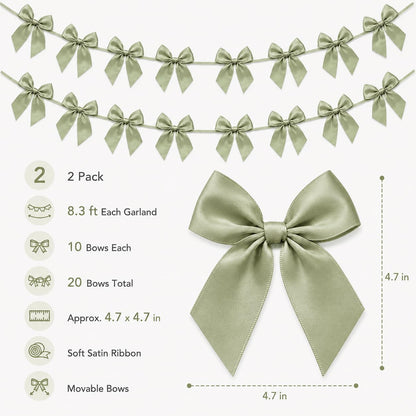 2 Pack Bow Garland Banner, 8.3 ft Pre-Strung Satin Ribbon Bow Decorations for Birthday Party, Baby Shower, Bridal Shower, Bachelorette, Wedding, Coquette Party Decor, Yellow