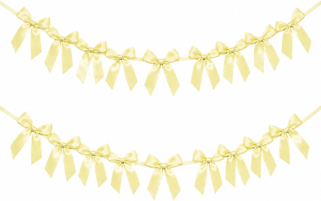 2 Pack Bow Garland Banner, 8.3 ft Pre-Strung Satin Ribbon Bow Decorations for Birthday Party, Baby Shower, Bridal Shower, Bachelorette, Wedding, Coquette Party Decor, Yellow