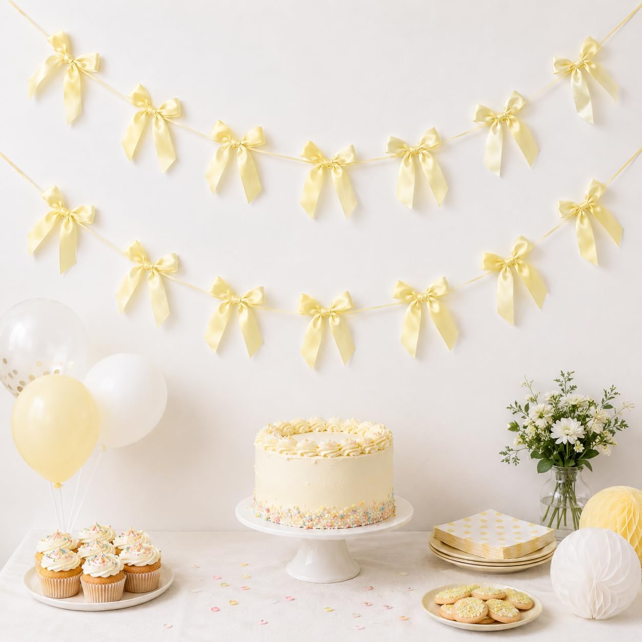 2 Pack Bow Garland Banner, 8.3 ft Pre-Strung Satin Ribbon Bow Decorations for Birthday Party, Baby Shower, Bridal Shower, Bachelorette, Wedding, Coquette Party Decor, Yellow