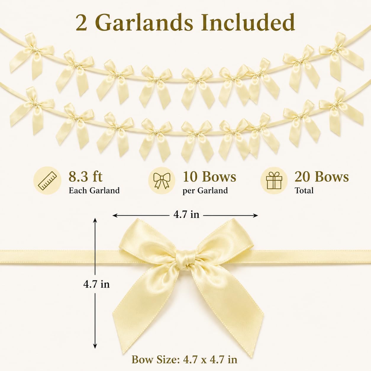 2 Pack Bow Garland Banner, 8.3 ft Pre-Strung Satin Ribbon Bow Decorations for Birthday Party, Baby Shower, Bridal Shower, Bachelorette, Wedding, Coquette Party Decor, Yellow