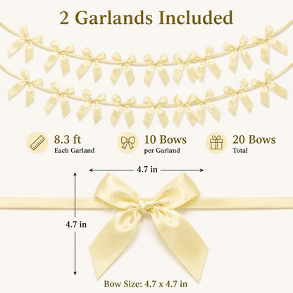2 Pack Bow Garland Banner, 8.3 ft Pre-Strung Satin Ribbon Bow Decorations for Birthday Party, Baby Shower, Bridal Shower, Bachelorette, Wedding, Coquette Party Decor, Yellow