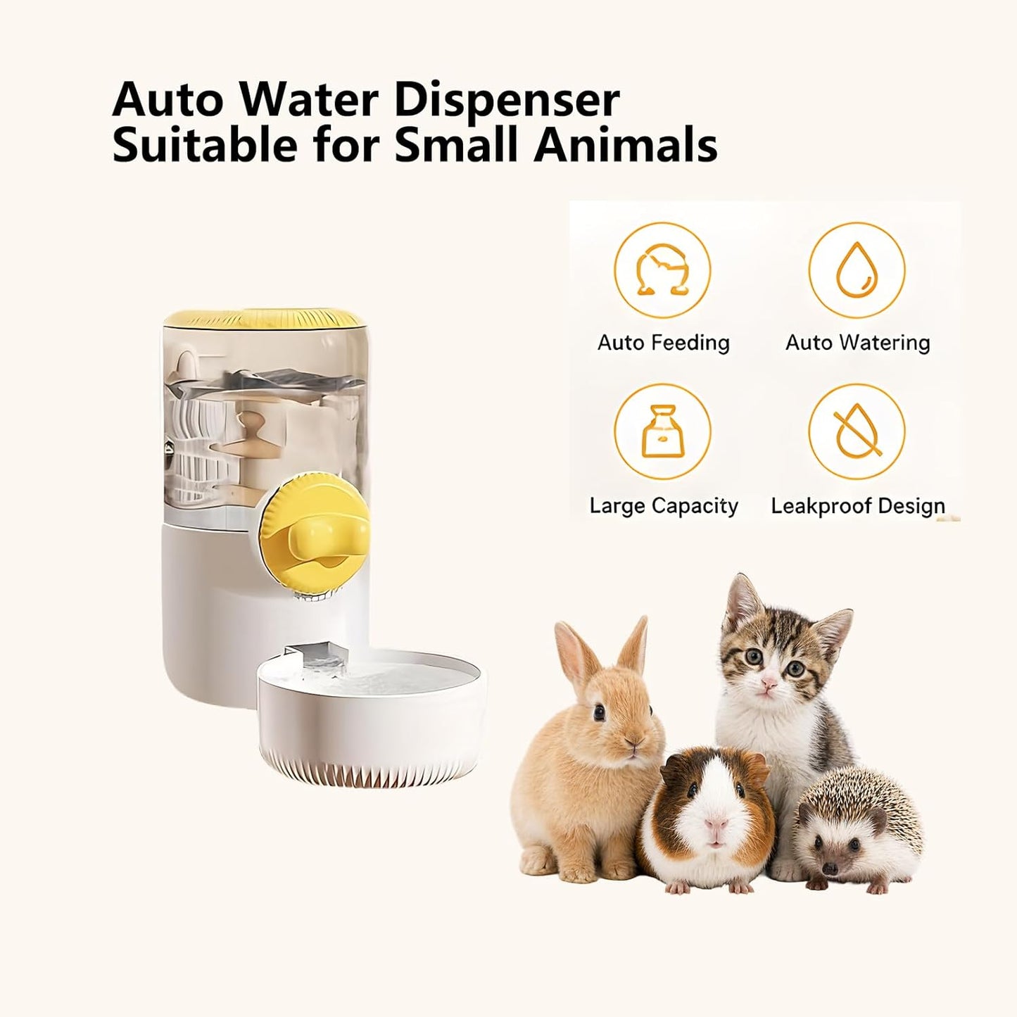 Automatic Hanging Gravity Siphon Water Dispenser 30oz | Large Capacity Rabbit Water Bottle Guinea Pig Bunny Water Dispensers Small Animal Water Bottle（Water Dispenser only, Yellow)