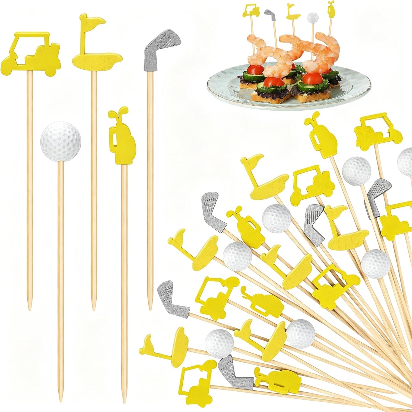 200 Pieces Golf Cocktail Picks for Appetizers 4.7 Inch Golf Themed Decorative End Fruit Toothpicks Skewers Bamboo Cocktail Picks for Sports Catered Events Buffet Party Supplies, Yellow