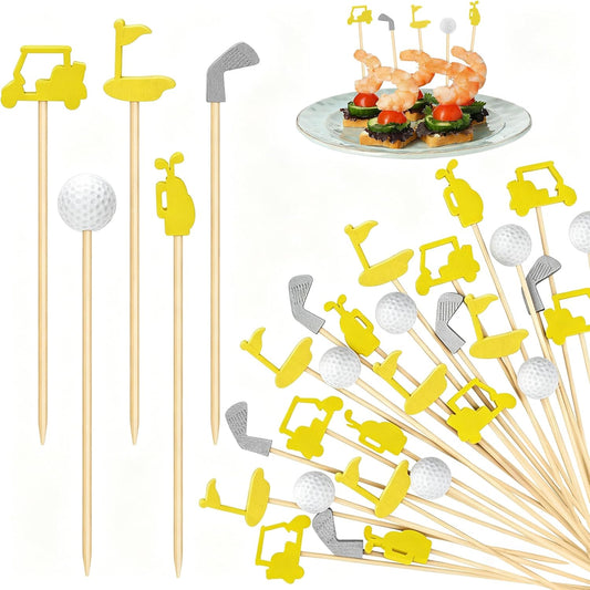 200 Pieces Golf Cocktail Picks for Appetizers 4.7 Inch Golf Themed Decorative End Fruit Toothpicks Skewers Bamboo Cocktail Picks for Sports Catered Events Buffet Party Supplies, Yellow