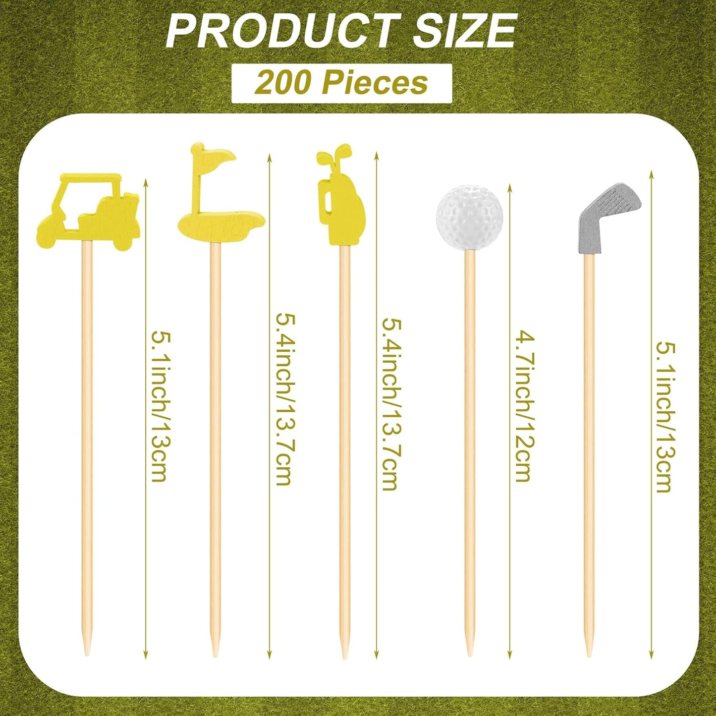 200 Pieces Golf Cocktail Picks for Appetizers 4.7 Inch Golf Themed Decorative End Fruit Toothpicks Skewers Bamboo Cocktail Picks for Sports Catered Events Buffet Party Supplies, Yellow