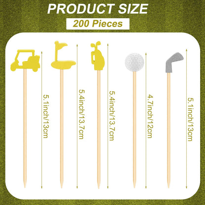 200 Pieces Golf Cocktail Picks for Appetizers 4.7 Inch Golf Themed Decorative End Fruit Toothpicks Skewers Bamboo Cocktail Picks for Sports Catered Events Buffet Party Supplies, Yellow