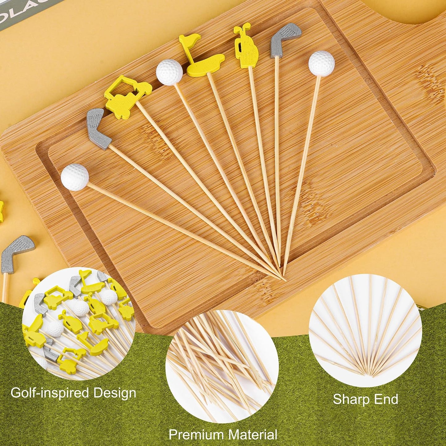 200 Pieces Golf Cocktail Picks for Appetizers 4.7 Inch Golf Themed Decorative End Fruit Toothpicks Skewers Bamboo Cocktail Picks for Sports Catered Events Buffet Party Supplies, Yellow