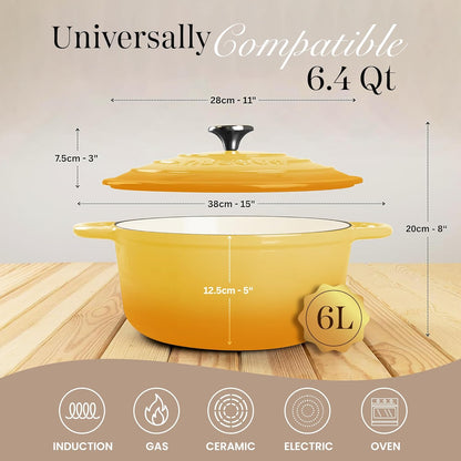 Enamelled Cast Iron Dutch Oven Pot with Lid 6.4 Quart Non Stick Casserole Pot-Heavy Duty & Oven Safe up to 500° F for Bread Baking, Braising, Stews, Roasting - 28cm Yellow