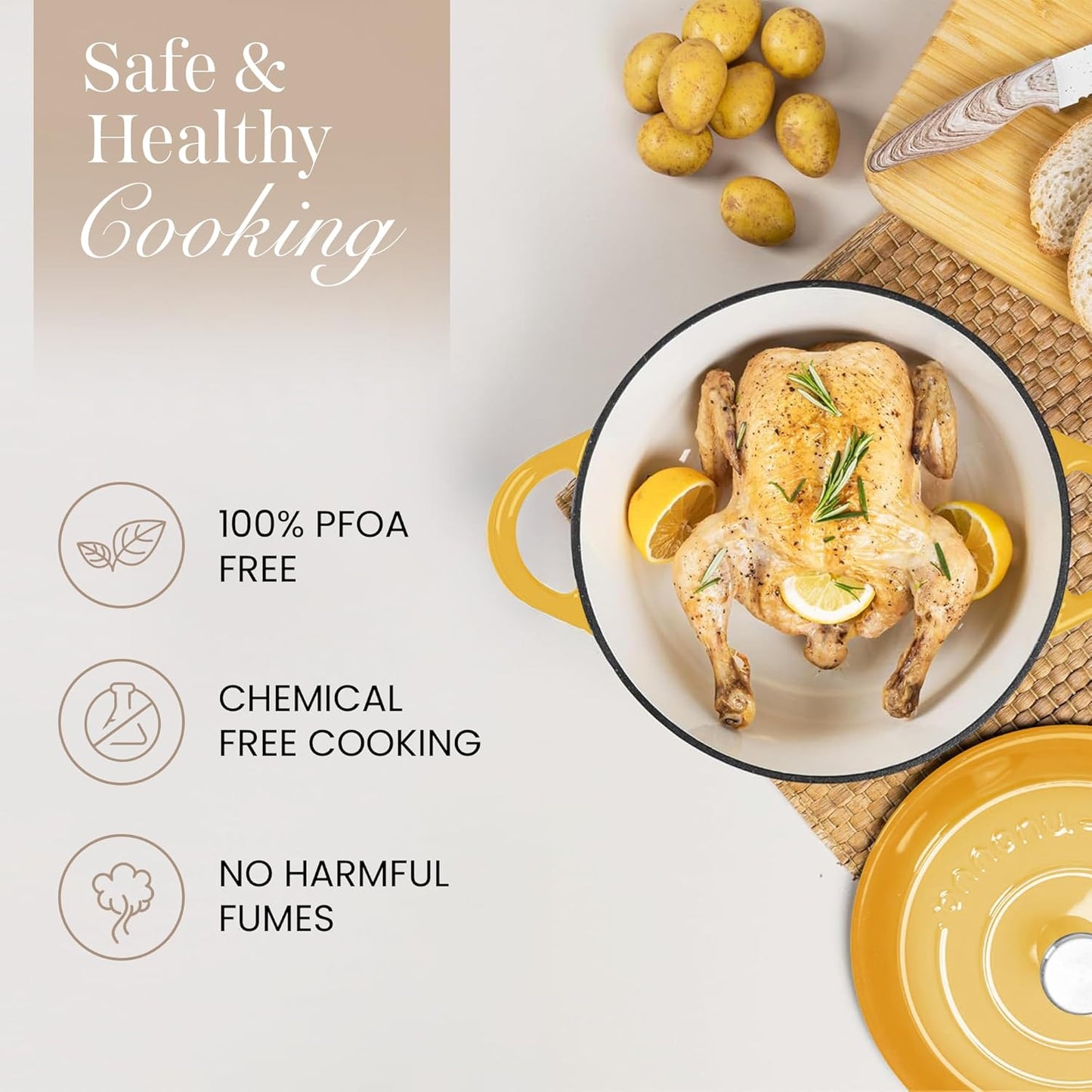 Enamelled Cast Iron Dutch Oven Pot with Lid 6.4 Quart Non Stick Casserole Pot-Heavy Duty & Oven Safe up to 500° F for Bread Baking, Braising, Stews, Roasting - 28cm Yellow