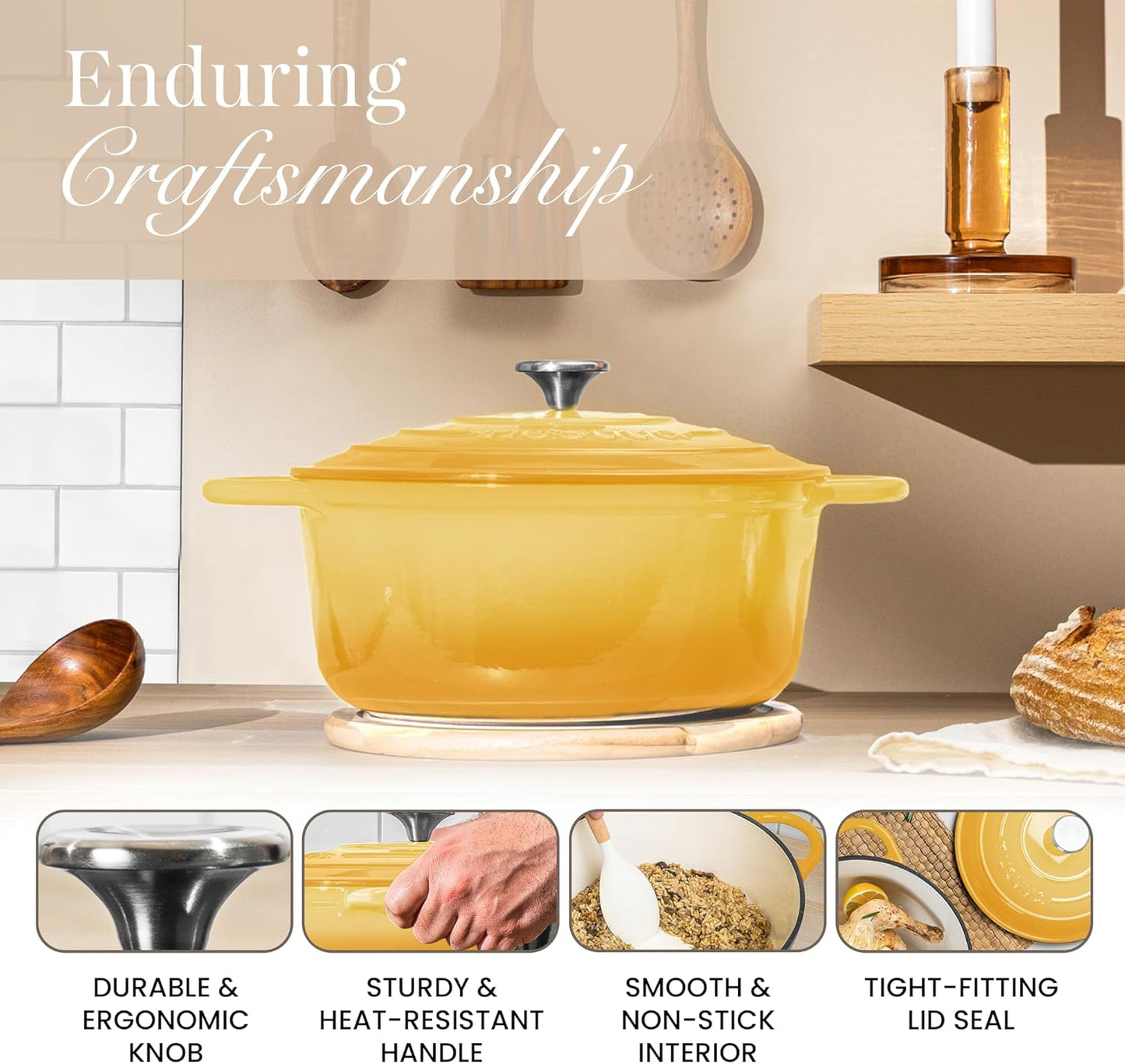 Enamelled Cast Iron Dutch Oven Pot with Lid 6.4 Quart Non Stick Casserole Pot-Heavy Duty & Oven Safe up to 500° F for Bread Baking, Braising, Stews, Roasting - 28cm Yellow