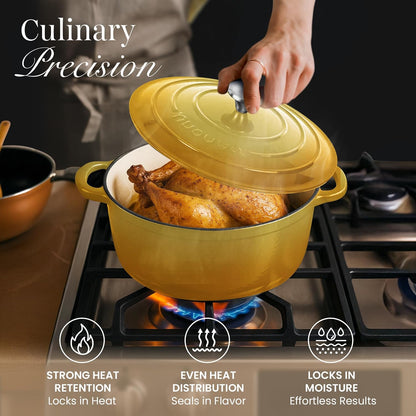 Enamelled Cast Iron Dutch Oven Pot with Lid 6.4 Quart Non Stick Casserole Pot-Heavy Duty & Oven Safe up to 500° F for Bread Baking, Braising, Stews, Roasting - 28cm Yellow