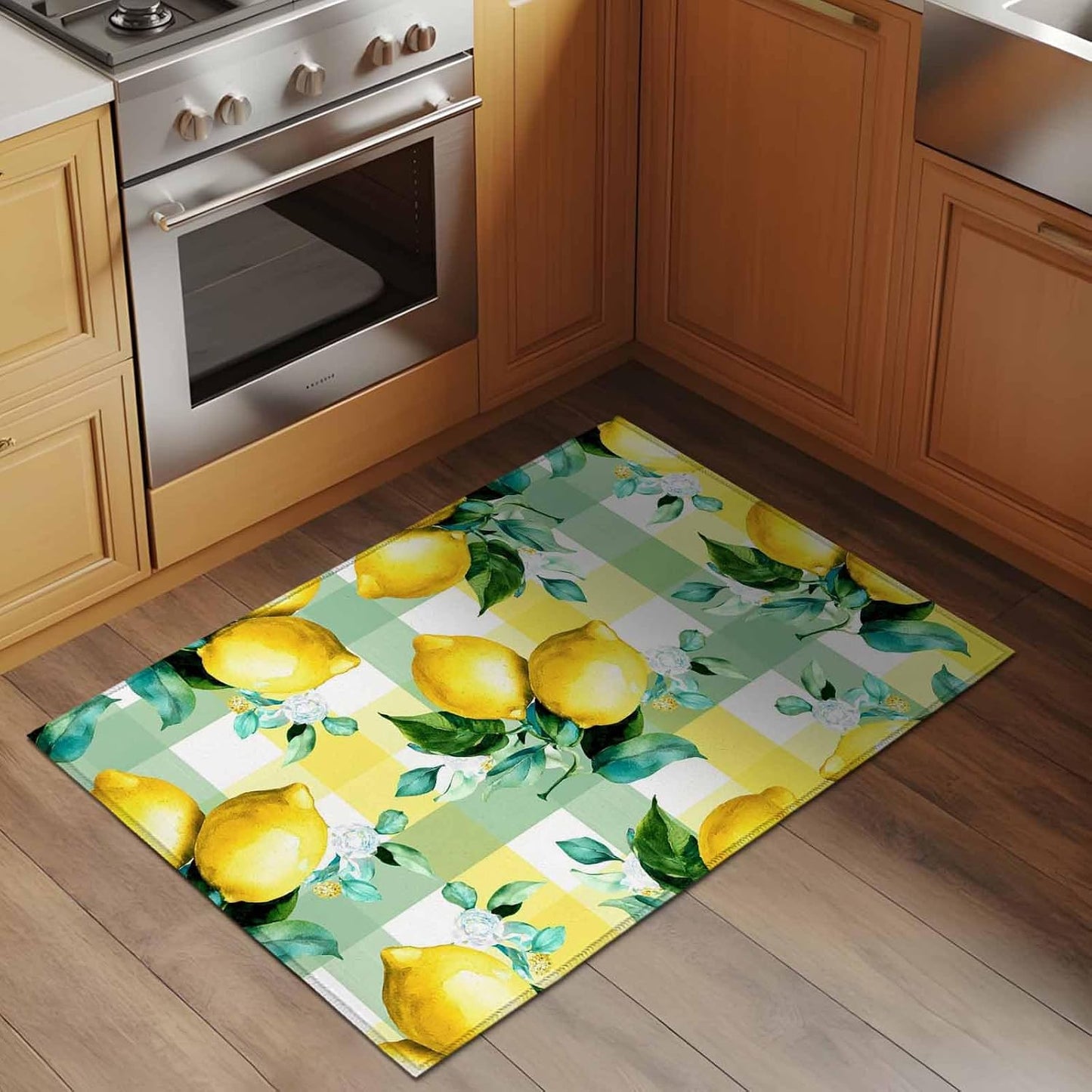 Area Rug 2x3ft, Summer Lemon Fruit Green Leaf Washable Rugs for Living Room Bedroom, Light Yellow Green Check Soft Non-Slip Area Rugs Rectangle Floor Carpet for Dining Room