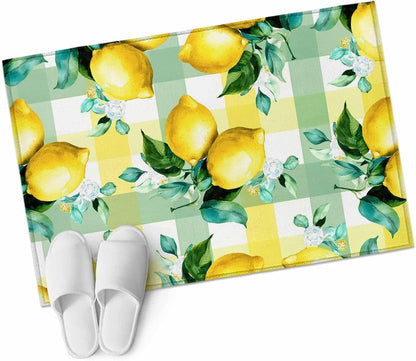 Area Rug 2x3ft, Summer Lemon Fruit Green Leaf Washable Rugs for Living Room Bedroom, Light Yellow Green Check Soft Non-Slip Area Rugs Rectangle Floor Carpet for Dining Room