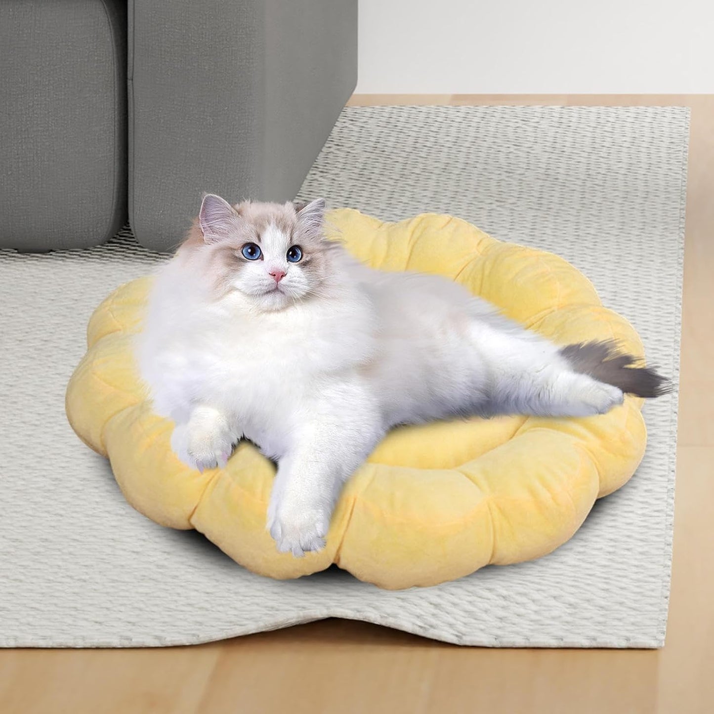 Soft Pet Nesting Bed Small Dog Bed Autumn Winter Pet Sleeping Pad Flower Shaped Round Cat Bed for Kitten Indoor Cats Puppy, Yellow