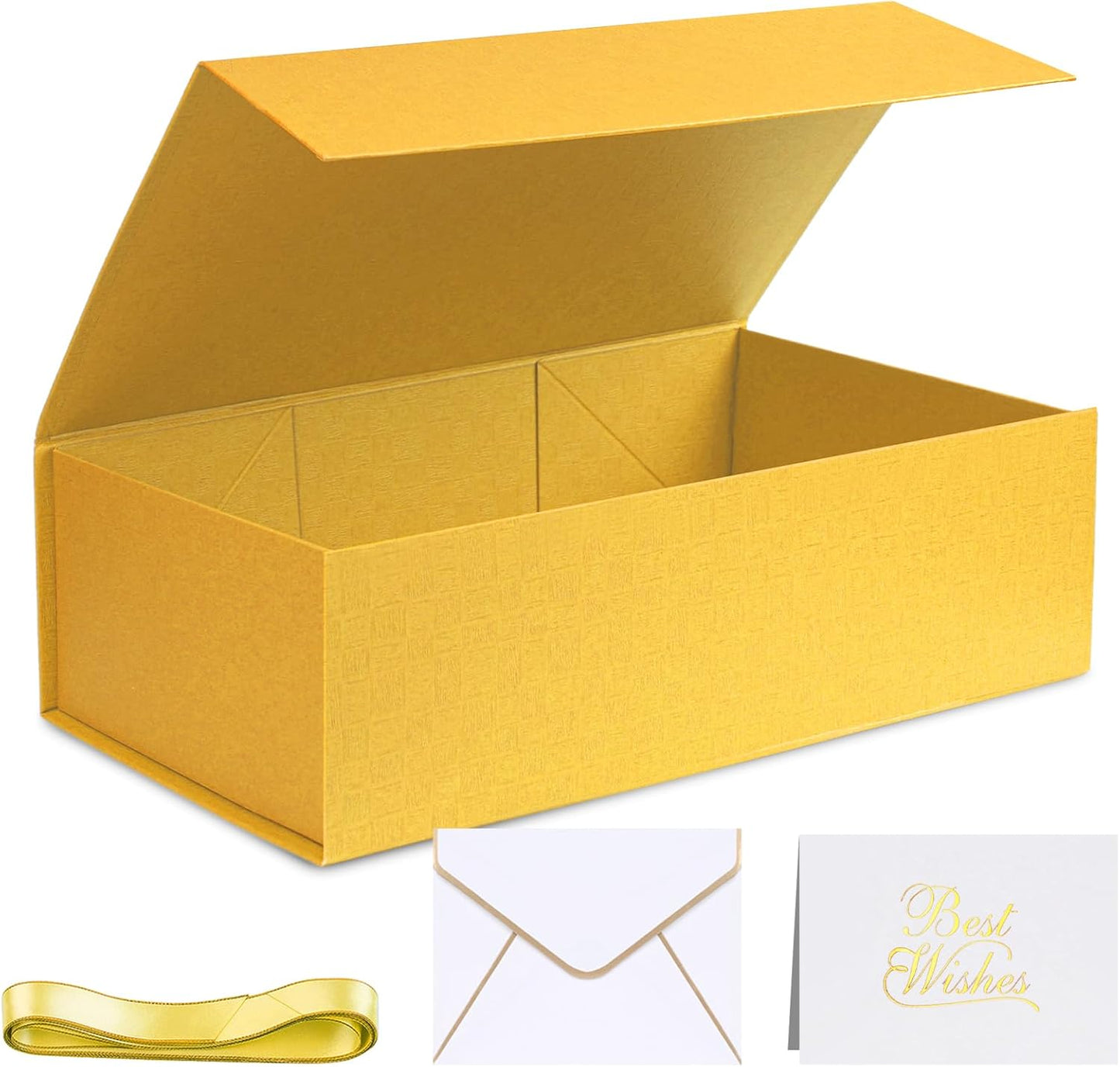 Yellow Magnetic Gift Box, 14 X 8.7 X 4.3 inches | Collapsible Cardboard Box Includes A Ribbon, Greeting Card, Envelope and Six Sealing Stickers