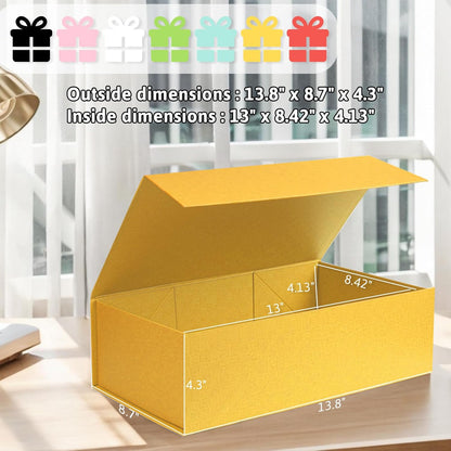 Yellow Magnetic Gift Box, 14 X 8.7 X 4.3 inches | Collapsible Cardboard Box Includes A Ribbon, Greeting Card, Envelope and Six Sealing Stickers