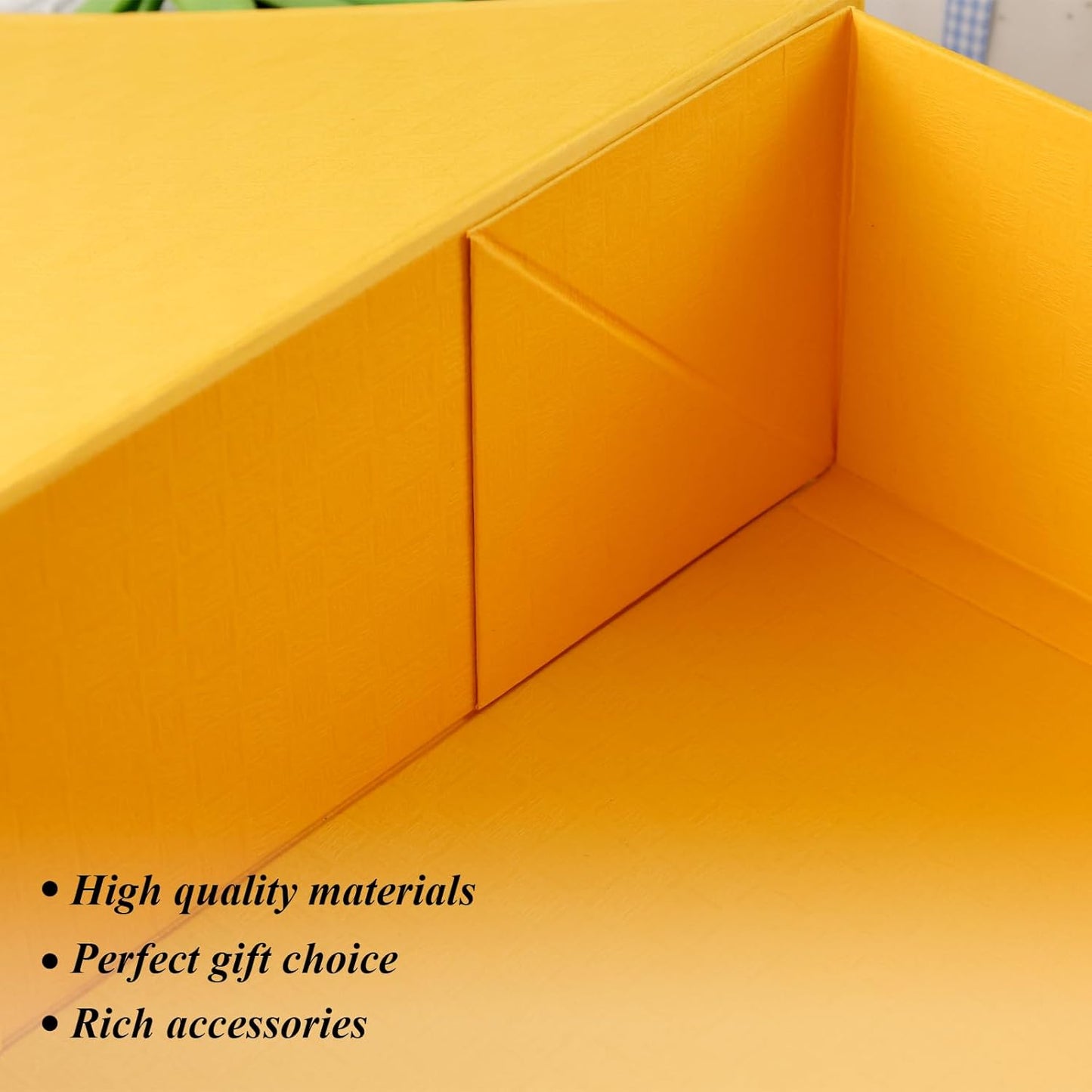 Yellow Magnetic Gift Box, 14 X 8.7 X 4.3 inches | Collapsible Cardboard Box Includes A Ribbon, Greeting Card, Envelope and Six Sealing Stickers