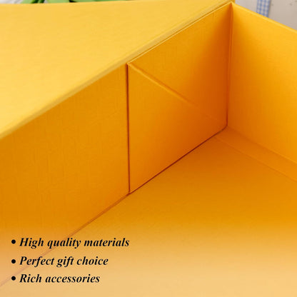 Yellow Magnetic Gift Box, 14 X 8.7 X 4.3 inches | Collapsible Cardboard Box Includes A Ribbon, Greeting Card, Envelope and Six Sealing Stickers