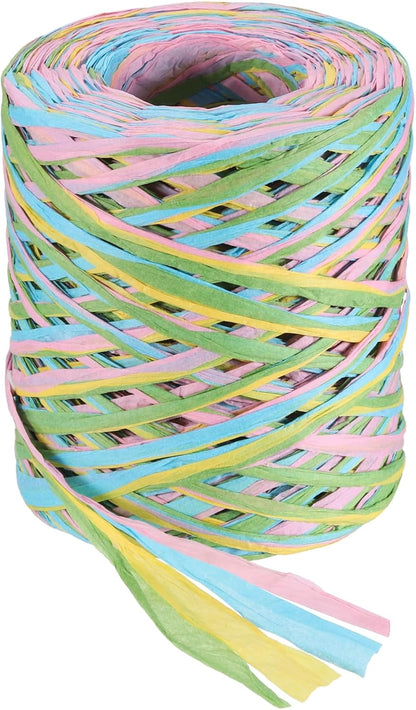 Raffia Ribbon, 164 Yard Natural Raffia Paper String 5mm Wide Packing Paper Twine Rope for Gift Wrapping DIY Crafts Decoration, Green, Yellow, Pink, Blue