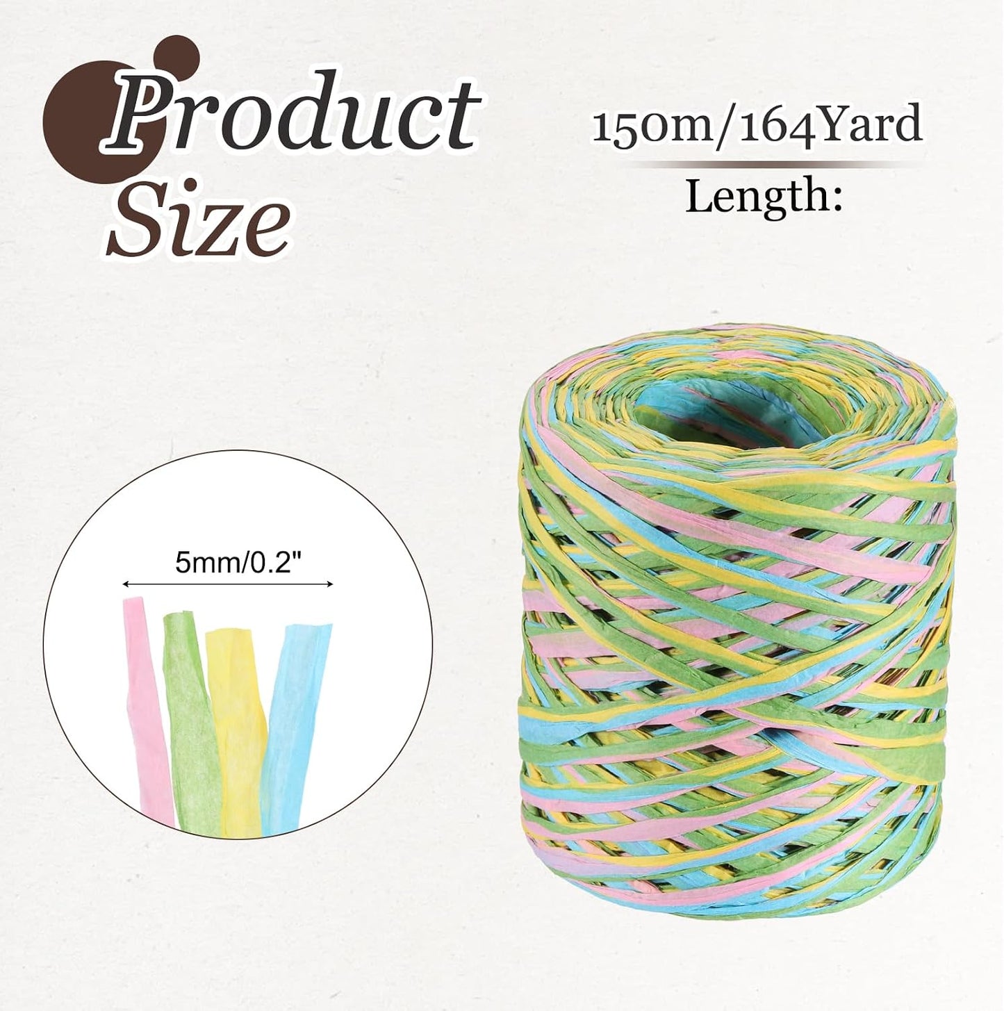 Raffia Ribbon, 164 Yard Natural Raffia Paper String 5mm Wide Packing Paper Twine Rope for Gift Wrapping DIY Crafts Decoration, Green, Yellow, Pink, Blue